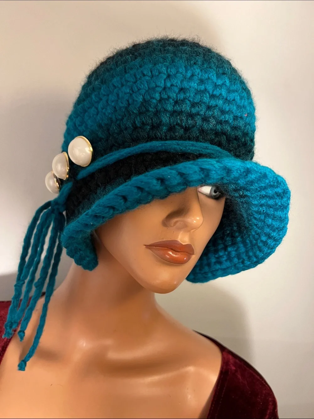 Hand-Knit Teal Cloche Hat with Velvet Band and Button Trim